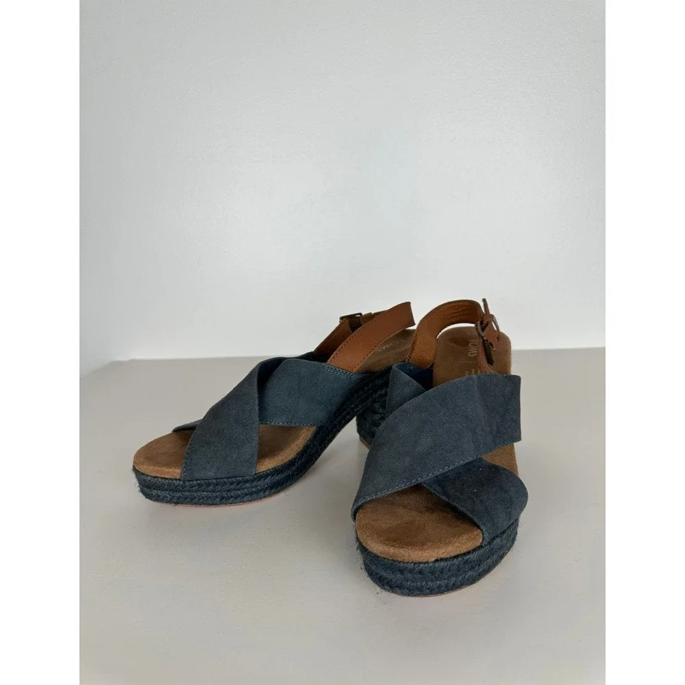 Toms Ibiza Espadrille Platform Wedge Sandals Sz 7.5 Majolica Blue Platform Heel
